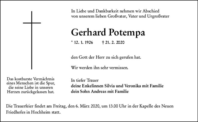  Traueranzeige für Gerhard Potempa vom 28.02.2020 aus vrm-trauer