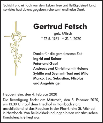 Traueranzeige von Gertrud Fetsch von vrm-trauer