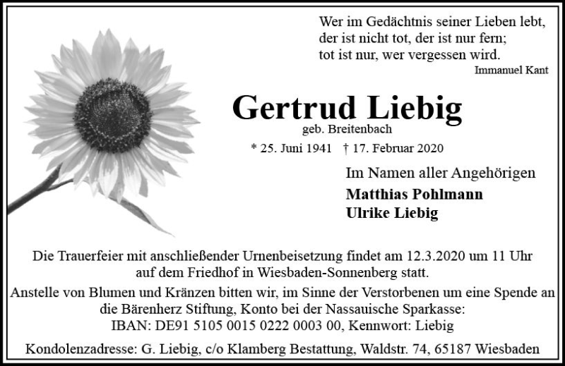  Traueranzeige für Gertrud Liebig vom 29.02.2020 aus vrm-trauer