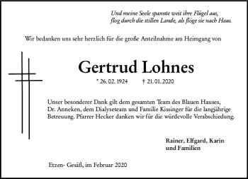 Traueranzeige von Gertrud Lohnes von vrm-trauer