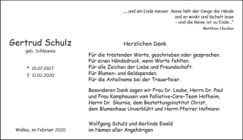 Traueranzeige von Gertrud Schulz von vrm-trauer