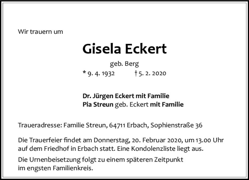  Traueranzeige für Gisela Eckert vom 15.02.2020 aus vrm-trauer