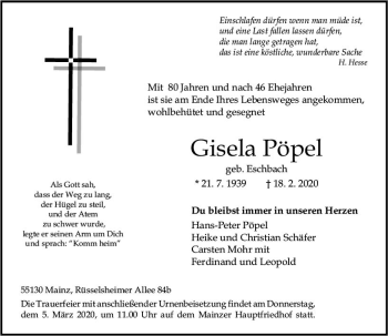 Traueranzeige von Gisela Pöpel von vrm-trauer