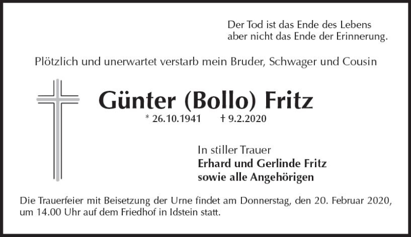 Traueranzeige für Günter Fritz vom 15.02.2020 aus vrm-trauer