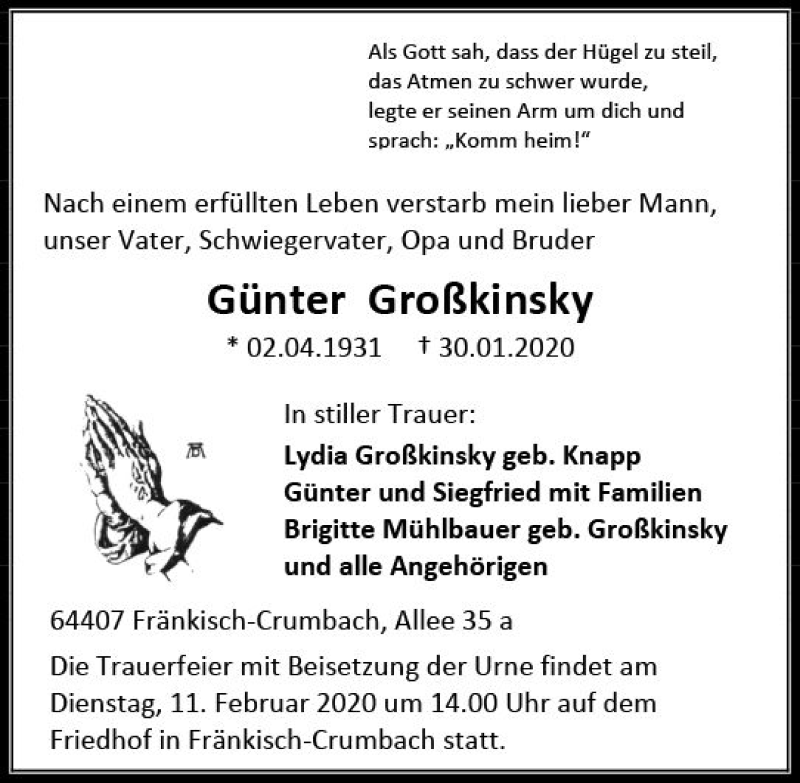  Traueranzeige für Günter Großkinsky vom 08.02.2020 aus vrm-trauer