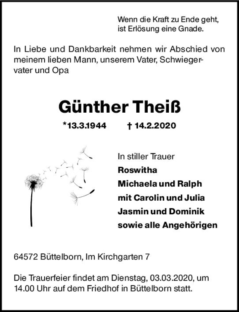  Traueranzeige für Günther Theiß vom 22.02.2020 aus vrm-trauer