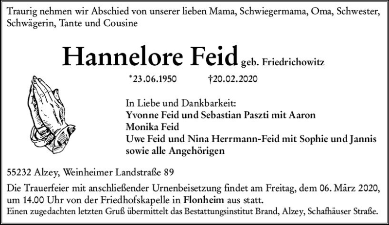  Traueranzeige für Hannelore Feid vom 25.02.2020 aus vrm-trauer