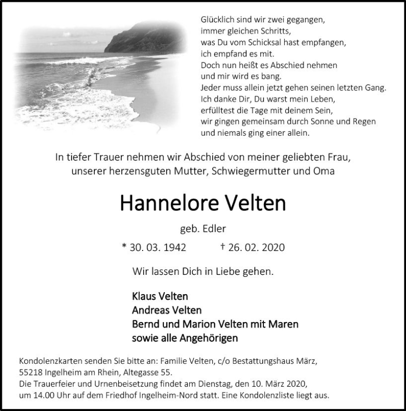  Traueranzeige für Hannelore Velten vom 29.02.2020 aus vrm-trauer