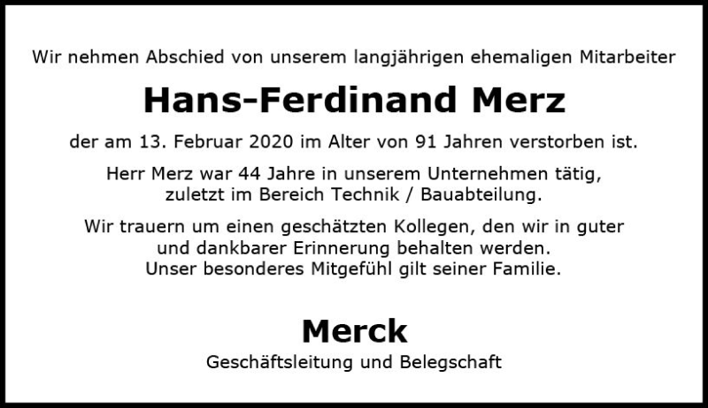  Traueranzeige für Hans-Ferdinand Merz vom 22.02.2020 aus vrm-trauer