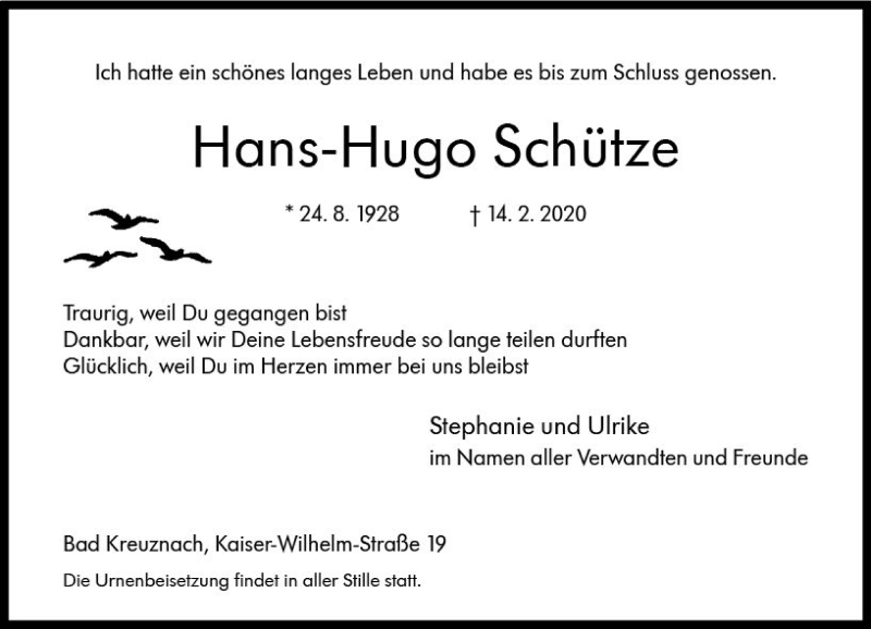  Traueranzeige für Hans-Hugo Schütze vom 22.02.2020 aus vrm-trauer