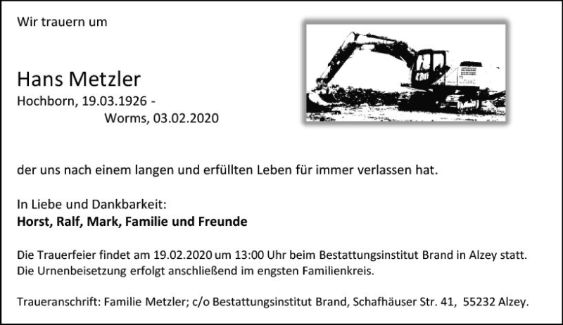  Traueranzeige für Hans Metzler vom 08.02.2020 aus vrm-trauer
