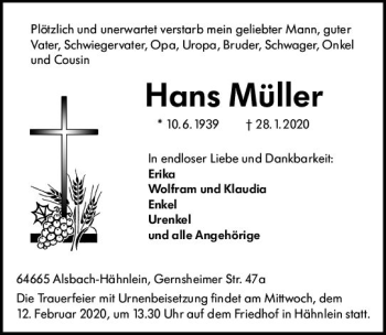 Traueranzeige von Hans Müller von vrm-trauer