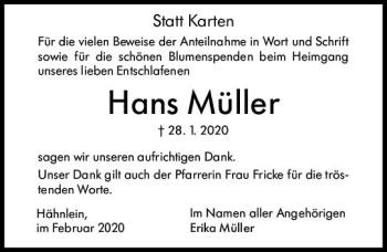 Traueranzeige von Hans Müller von vrm-trauer