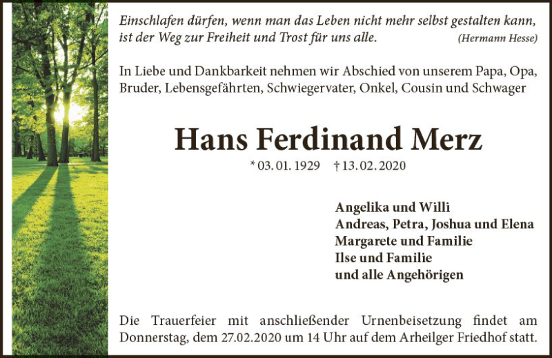 Traueranzeige für Hans Ferdinand Merz vom 22.02.2020 aus vrm-trauer
