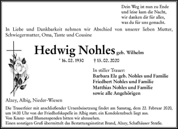 Traueranzeige von Hedwig Nohles von vrm-trauer