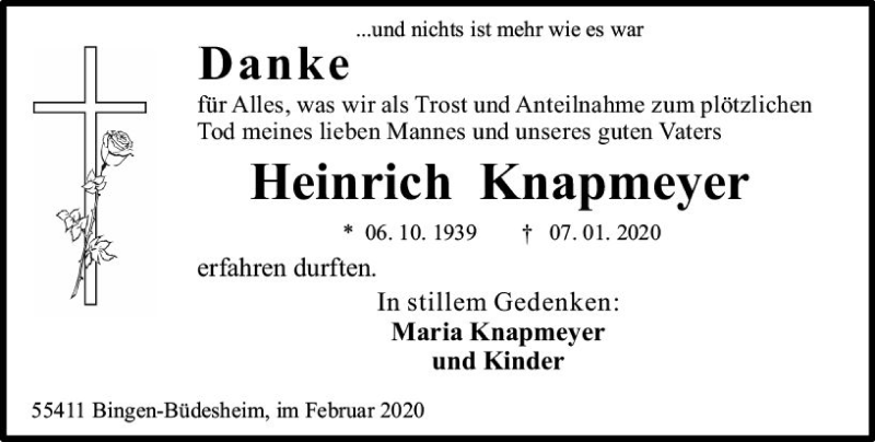  Traueranzeige für Heinrich Knapmeyer vom 15.02.2020 aus vrm-trauer