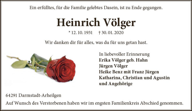  Traueranzeige für Heinrich Völger vom 08.02.2020 aus vrm-trauer