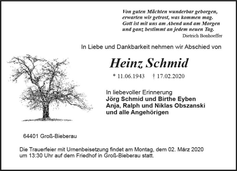  Traueranzeige für Heinz Schmid vom 29.02.2020 aus vrm-trauer