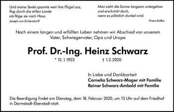 Traueranzeige von Heinz Schwarz von vrm-trauer