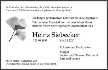 Traueranzeige von Heinz Siebecker von vrm-trauer