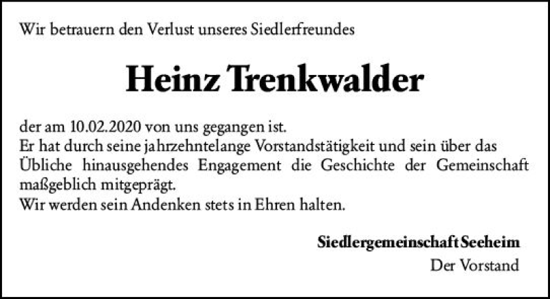  Traueranzeige für Heinz Trenkwalder vom 17.02.2020 aus vrm-trauer