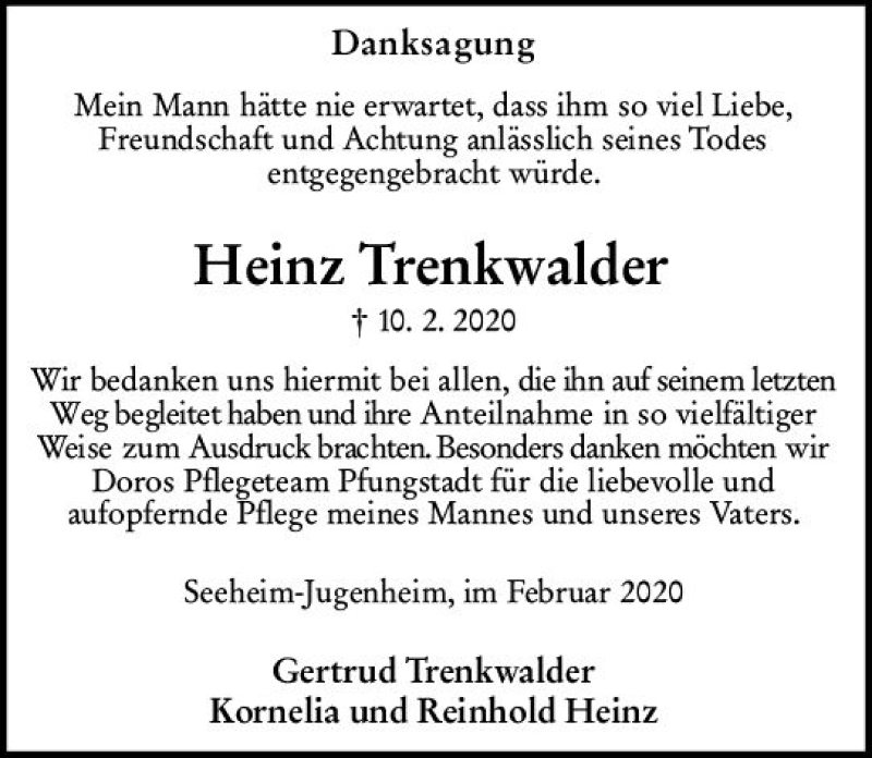  Traueranzeige für Heinz Trenkwalder vom 29.02.2020 aus vrm-trauer