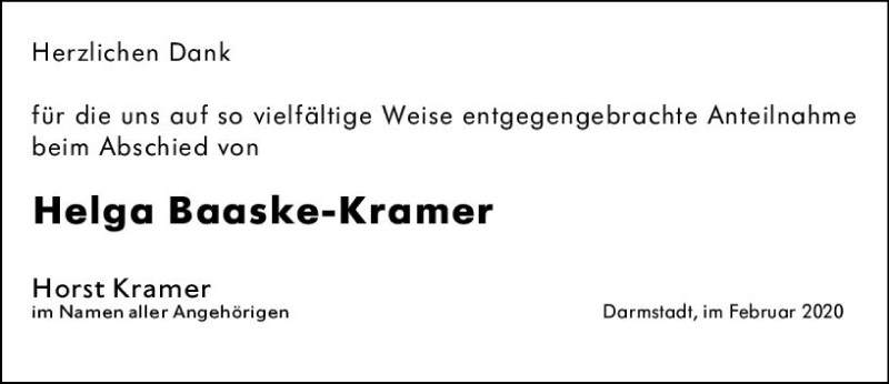  Traueranzeige für Helga Baaske-Kramar vom 29.02.2020 aus vrm-trauer
