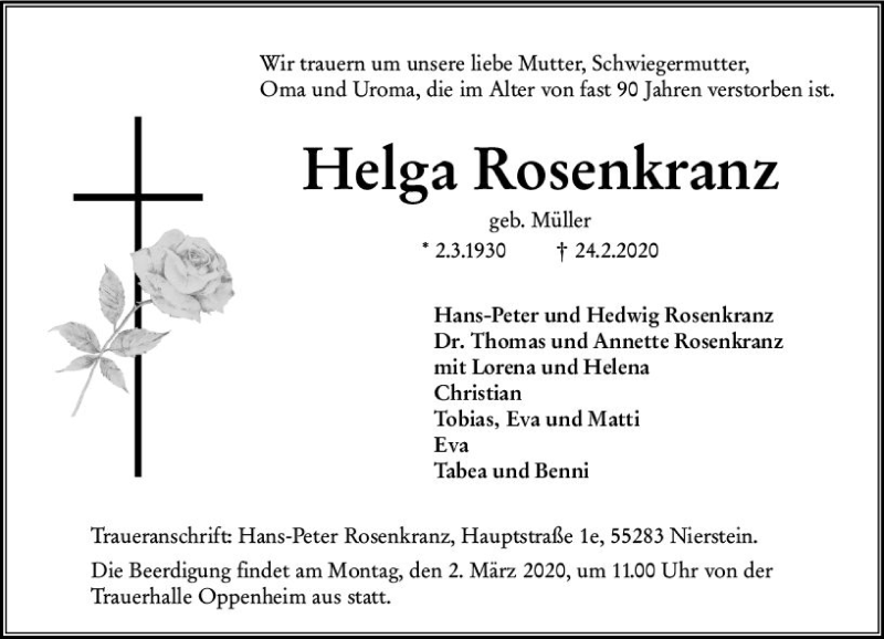  Traueranzeige für Helga Rosenkranz vom 27.02.2020 aus vrm-trauer