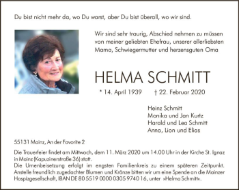 Traueranzeige von Helma Schmitt von vrm-trauer