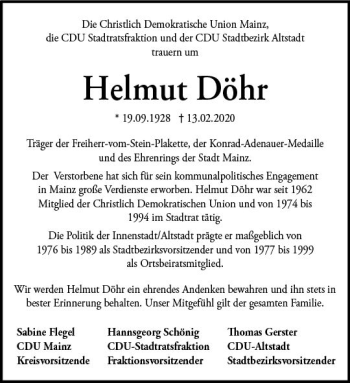 Traueranzeige von Helmut Döhr von vrm-trauer