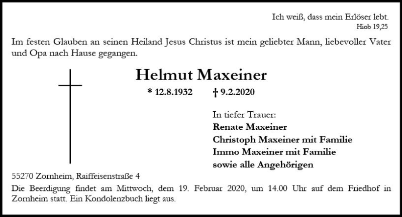  Traueranzeige für Helmut Maxeiner vom 15.02.2020 aus vrm-trauer