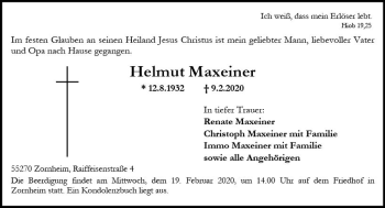Traueranzeige von Helmut Maxeiner von vrm-trauer