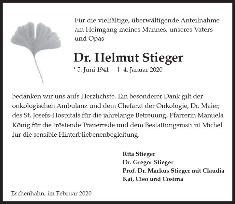  Traueranzeige für Helmut Stieger vom 08.02.2020 aus vrm-trauer