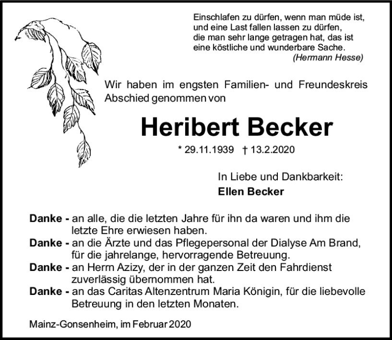 Traueranzeige für Heribert Becker vom 22.02.2020 aus vrm-trauer