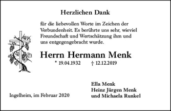 Traueranzeige von Hermann Menk von vrm-trauer