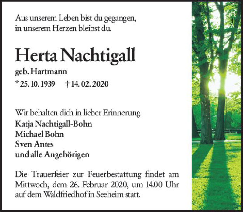  Traueranzeige für Herta Nachtigall vom 22.02.2020 aus vrm-trauer