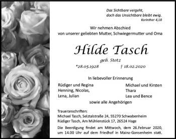 Traueranzeige von Hilde Tasch von vrm-trauer