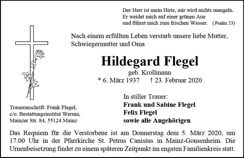  Traueranzeige für Hildegard Flegel vom 29.02.2020 aus vrm-trauer