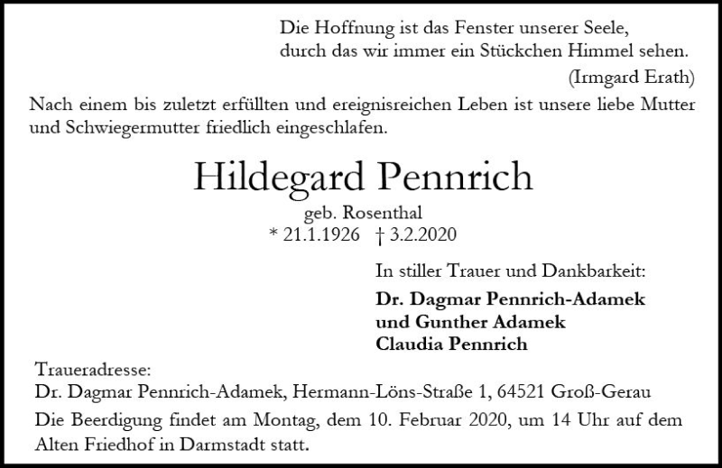  Traueranzeige für Hildegard Pennrich vom 08.02.2020 aus vrm-trauer