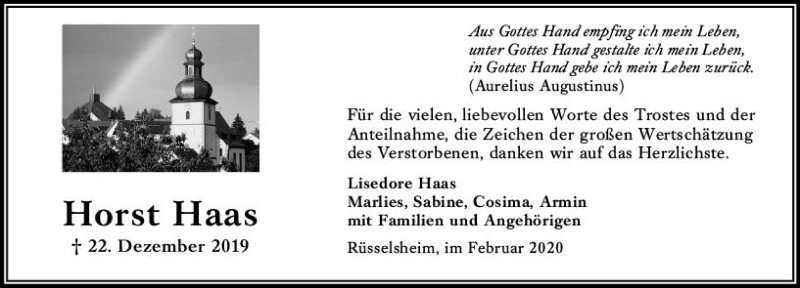  Traueranzeige für Horst Haas vom 08.02.2020 aus vrm-trauer