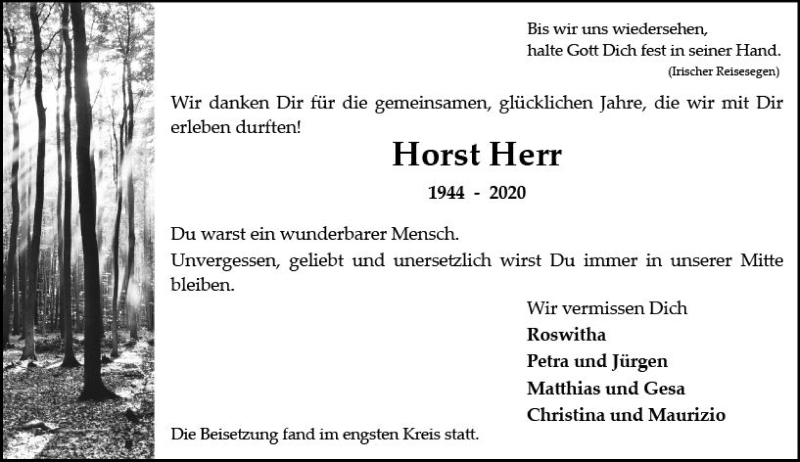  Traueranzeige für Horst Herr vom 22.02.2020 aus vrm-trauer