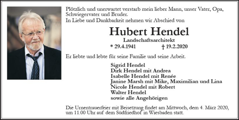  Traueranzeige für Hubert Hendel vom 29.02.2020 aus vrm-trauer
