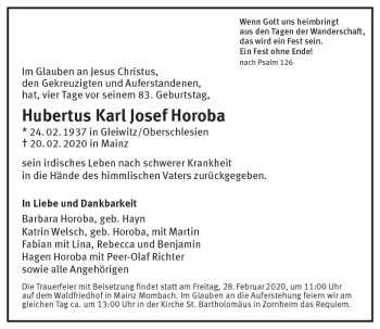 Traueranzeige von Hubertus Karl Josef Horoba von vrm-trauer