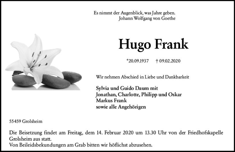  Traueranzeige für Hugo Frank vom 13.02.2020 aus vrm-trauer