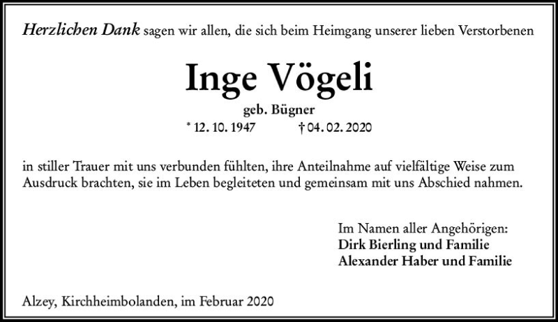  Traueranzeige für Inge Vögeli vom 29.02.2020 aus vrm-trauer