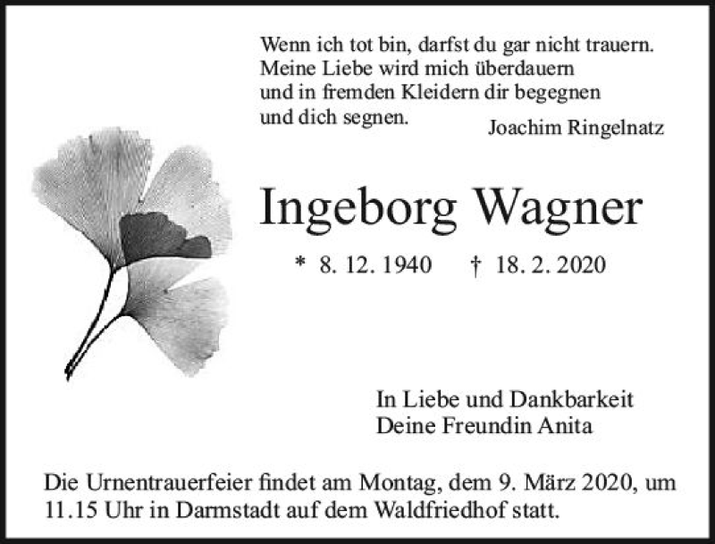  Traueranzeige für Ingeborg Wagner vom 29.02.2020 aus vrm-trauer