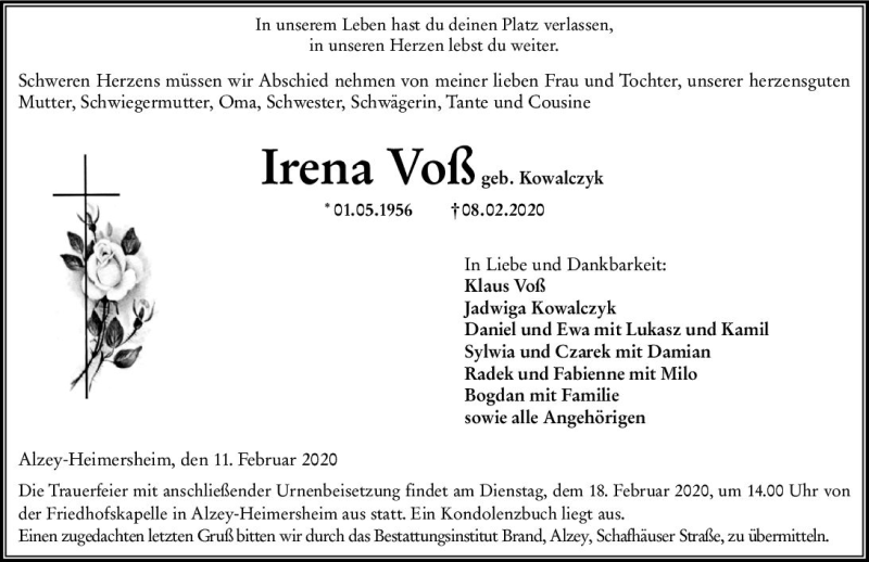  Traueranzeige für Irena Voß vom 11.02.2020 aus vrm-trauer