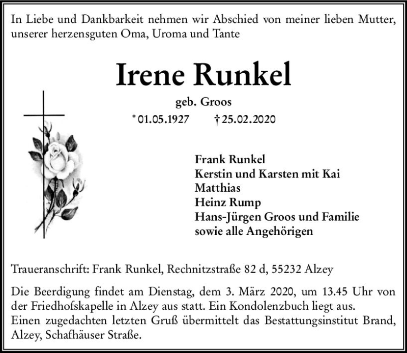  Traueranzeige für Irene Runkel vom 28.02.2020 aus vrm-trauer