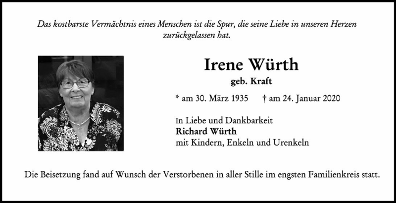  Traueranzeige für Irene Würth vom 08.02.2020 aus vrm-trauer