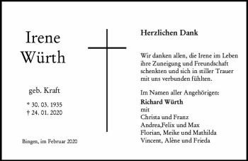 Traueranzeige von Irene Würth von vrm-trauer